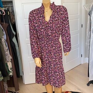 Fun pattern London Times Woman midi dress long sleeves full tail small ruffles